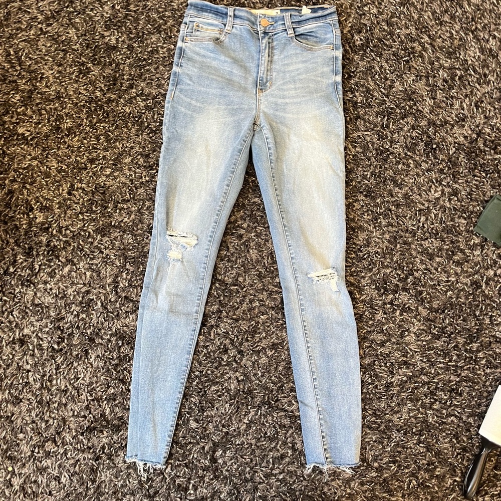 High Waisted Skinny Jeans with Distressed Knees
